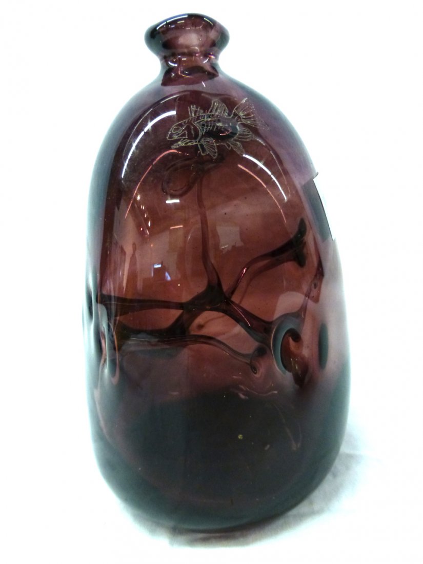 Blown Purple Glass Vase 3 Etched Fish Michael Robinson: Blown Purple Glass Vase with 3 Etched Fish by Ojibwa Artist Michael Robinson (1948-2010). Measures 5” tall x 3.25” wide and is signed “Two Rivers”.