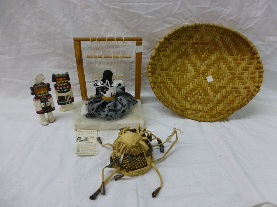 Lot of 5 Southwest Indian Arts: Lot of 5 Southwest Indian Arts. Includes miniature Apache Indian Burden Basket with Tin Cone Jingles (some rust on jingles), Hopi sifter basket, 2 Navajo Kachina Maiden dolls and a Navajo weaver doll.