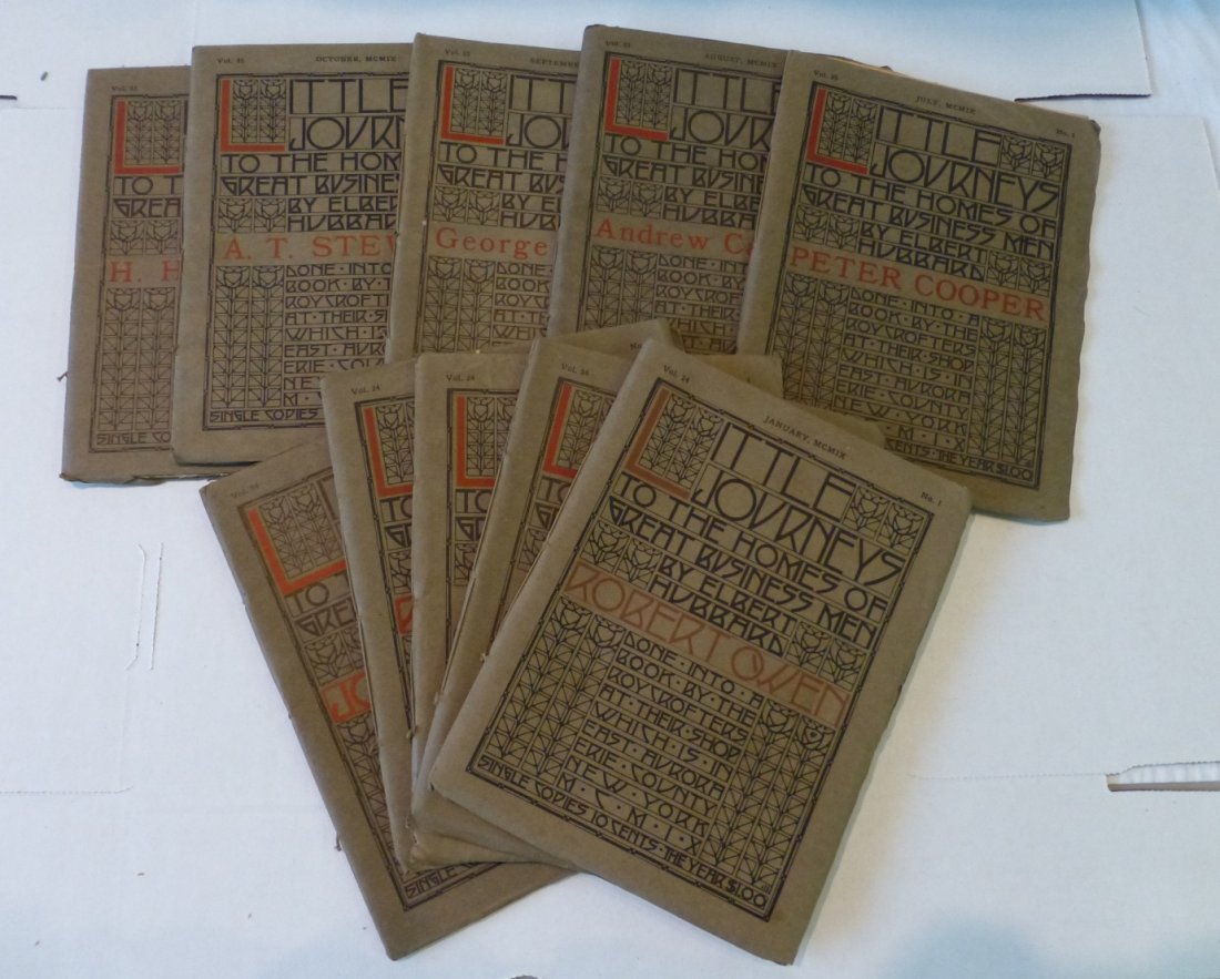 1909 Little Journeys To The Homes of Great Business Men: 10 Issues of Little Journeys To The Homes of Great Business Men by Elbert Hubbard. Published by Roycrofters, 1909. All are string bound and are in very good condition. Value $80-$100.
