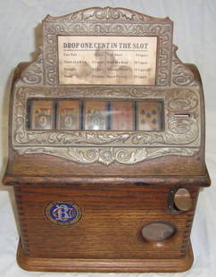 1930's Penny Caille Good Luck Cigar Poker Trade: Penny Poker Trade Stimulator. Detroit BC Sticker on front. Paper soiling. Keys are present. Item is in workiung condition. 11"w X 9"d X 15"h