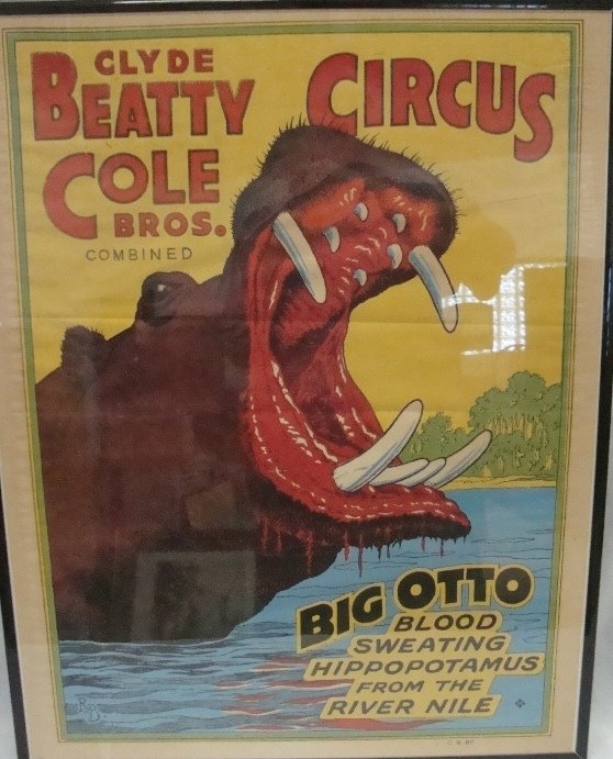 Clyde Beatty Cole Bros. Circus Poster 28"x22" w/Big: Clyde Beatty Cole Bros. Circus Poster 28"x22" w/Big Otto Hippopotamus Please note item will ship Rolled up in tube. Frame is for auction display only