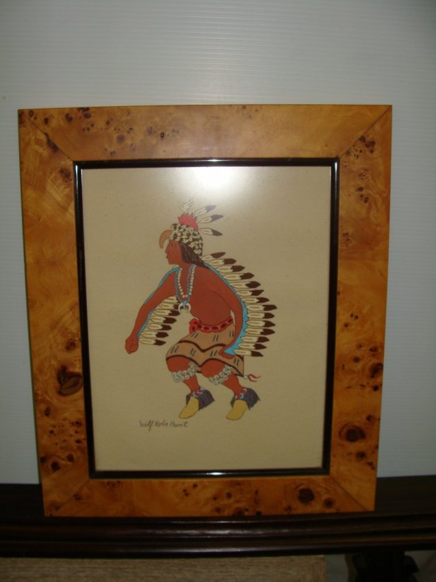 Original Tempera Painting by Acoma Indian Artist Wolf: Titled ?Eagle Dancer?, the image measures 10? x 13.5? and the frame measures 15? x 18?.
