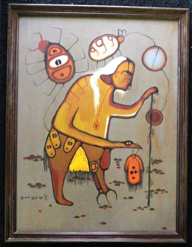 Acrylic on Canvas by First Nations Blake Debassige: Original Acrylic on Canvas Painting by First Nations Artist Blake Debassige. Titled Old Man Change and dated 1976, the image measures 23ƒ? x 31.5ƒ? and the frame measures 26.5ƒ? x 34.5ƒ?. Also inc