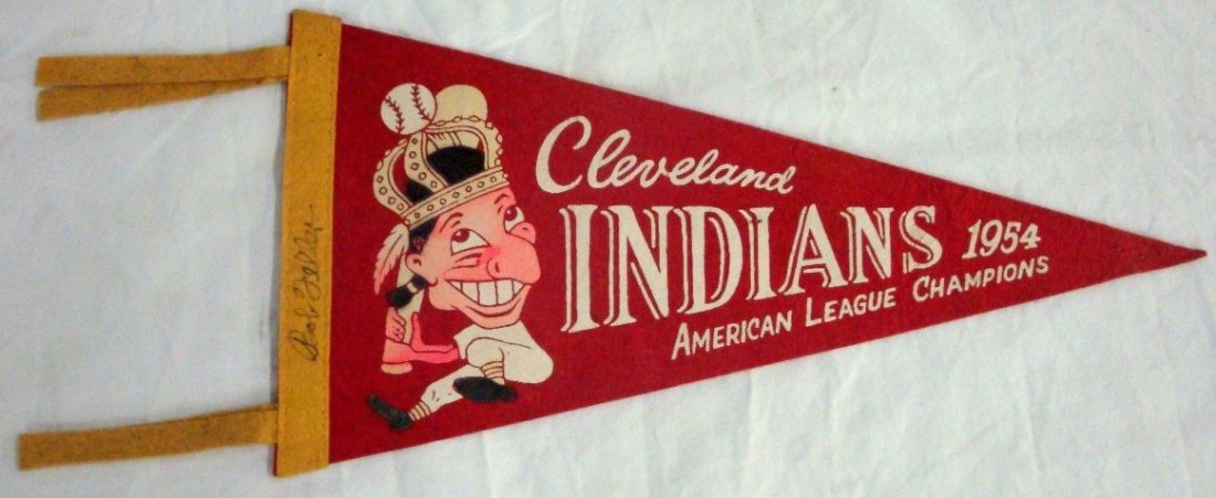 Bob Feller Autographed 1954 Cleveland Indians Half Size: Bob Feller Autographed 1954 Cleveland Indians Half Size AL Champs Pennant; 1954 American League Champions red felt pennant featuring the Cleveland Indians in white lettering; yellow piping and tassels