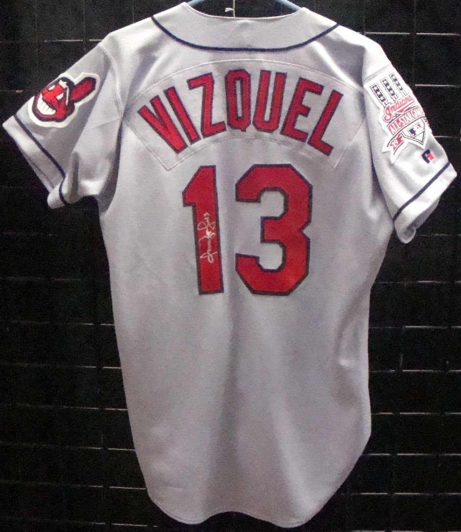 1997 Omar Vizquel Indians Game Worn Autographed Jersey: 1997 Omar Vizquel Indians Game Worn Autographed Jersey; very nice Russell Athletic Diamond Collection grey Size 40 Cleveland Indians jersey with 'Cleveland' in red lettering blazing across the front; 