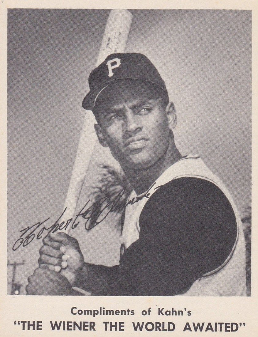 1963 Kahn's Wieners #6 Roberto Clemente Card: 1963 Kahn's Wieners #6 Roberto Clemente Card; EX+ condition; absolutely beautiful card rarely seen in such nice condition; features portrait shot of the baseball star with facsimile signature across t