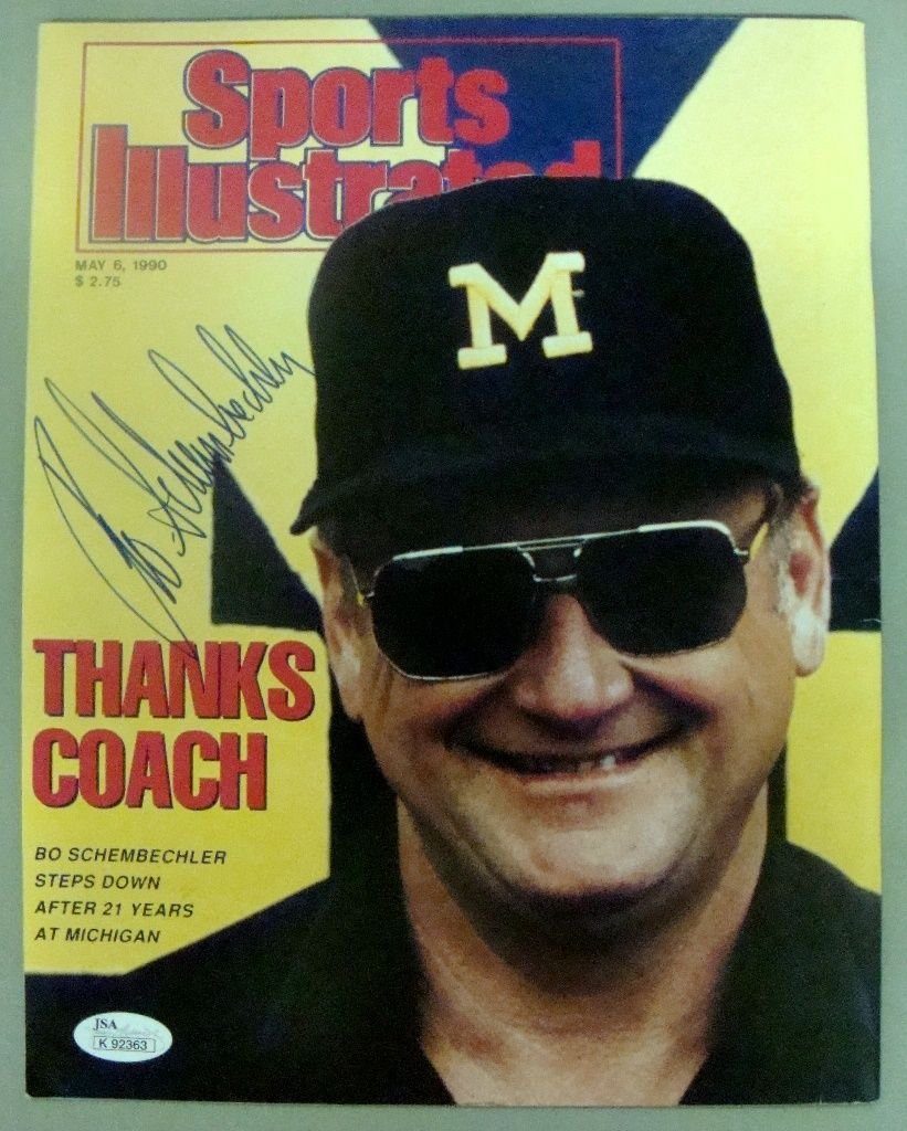 Bo Schembechler Autographed Sports Illustrated Magazine: Bo Schembechler Autographed Sports Illustrated Magazine; rarely seen signature on the Sports Illustrated cover dated May 6, 1990; cover features Schembechler with the headline 'Thanks Coach' and discu