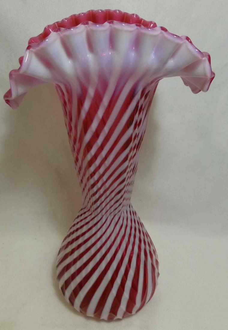 Cranberry Cased Candy Cane White Striped Vase: Vivid color, 11 1/2" tall, top is 6" x 4 1/4", made with gold according to our consignor