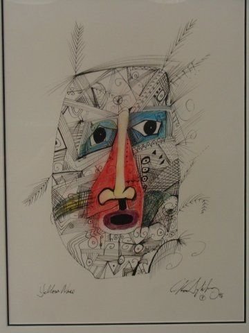 Yellow Nose Mask by Mi'Kmaq Artist Alan Syliboy: Yellow Nose Mask by Mi'Kmaq Artist Alan Syliboy. Ink and watercolor painting of Yellow Nose False Face Mask, image is 11" x 15", framed is 16 1/4" x 20". Nicely framed. Suggested bid $150