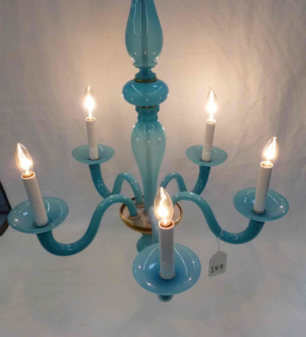Blue Opaline Art Glass 5 Arm Chandelier: 25 1/2" overall height, arms are 9 1/4" from the center,