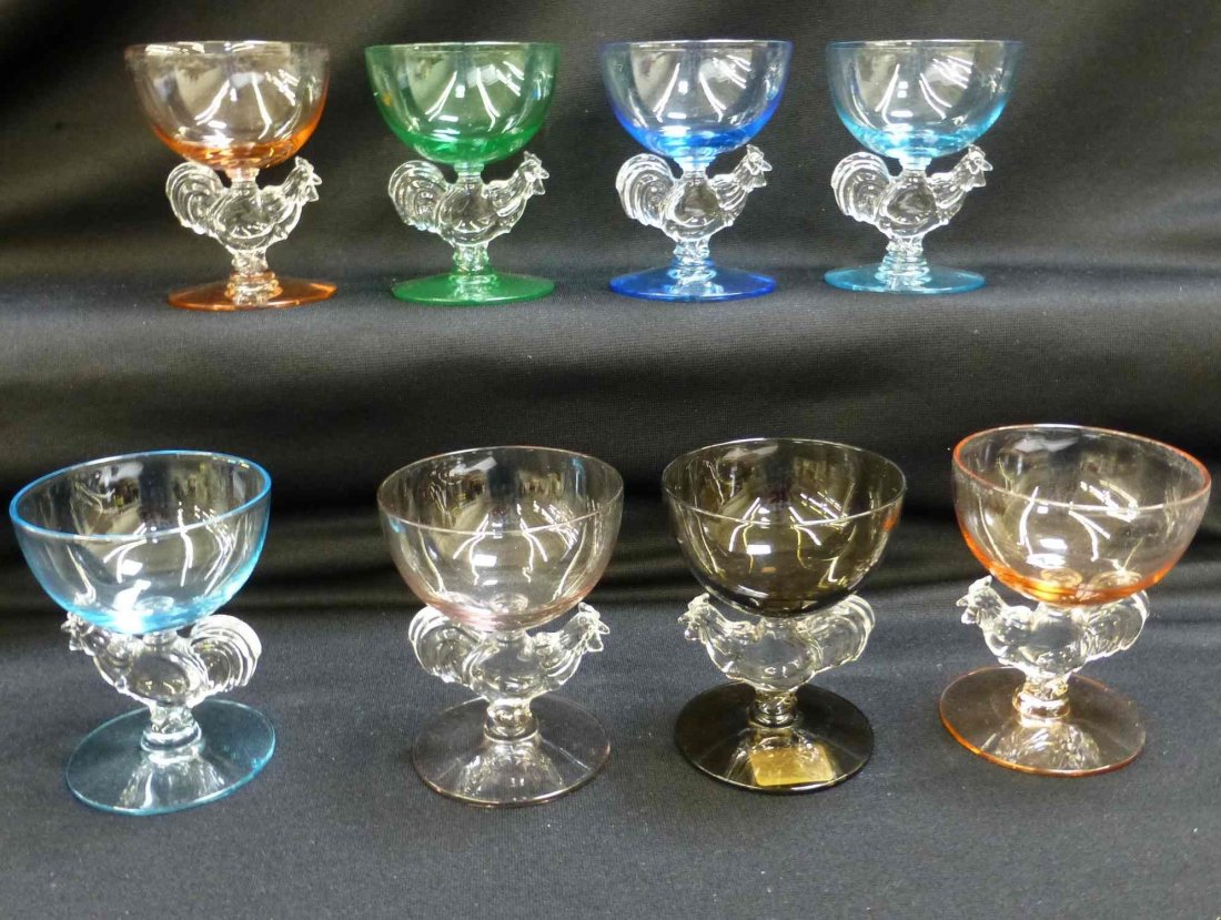 8 Multi Colored Morgantown Chanticleer Rooster Cordial: 3 7/8" tall, 8 Multi Colored Morgantown Chanticleer Rooster Cordial Glasses