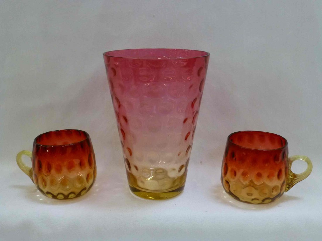 American Amberina Glass Thumbprint Vase and Cups: Vase is 6" tall 4 3/8" diameter top, mugs are 2 3/4" tall, with applied handles