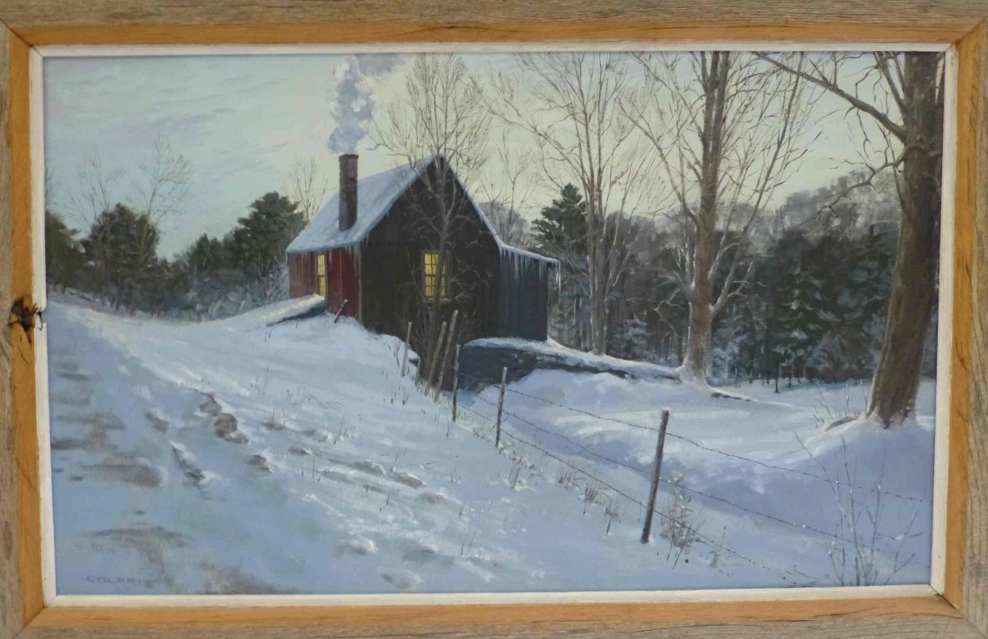 Signed Colprit Oil On Canvas Winter Landscape Cabin: The Cobbler Shop by Philip Colprit, Canvas is 26" x 16", frame is 30 1/2" x 20 1/2"