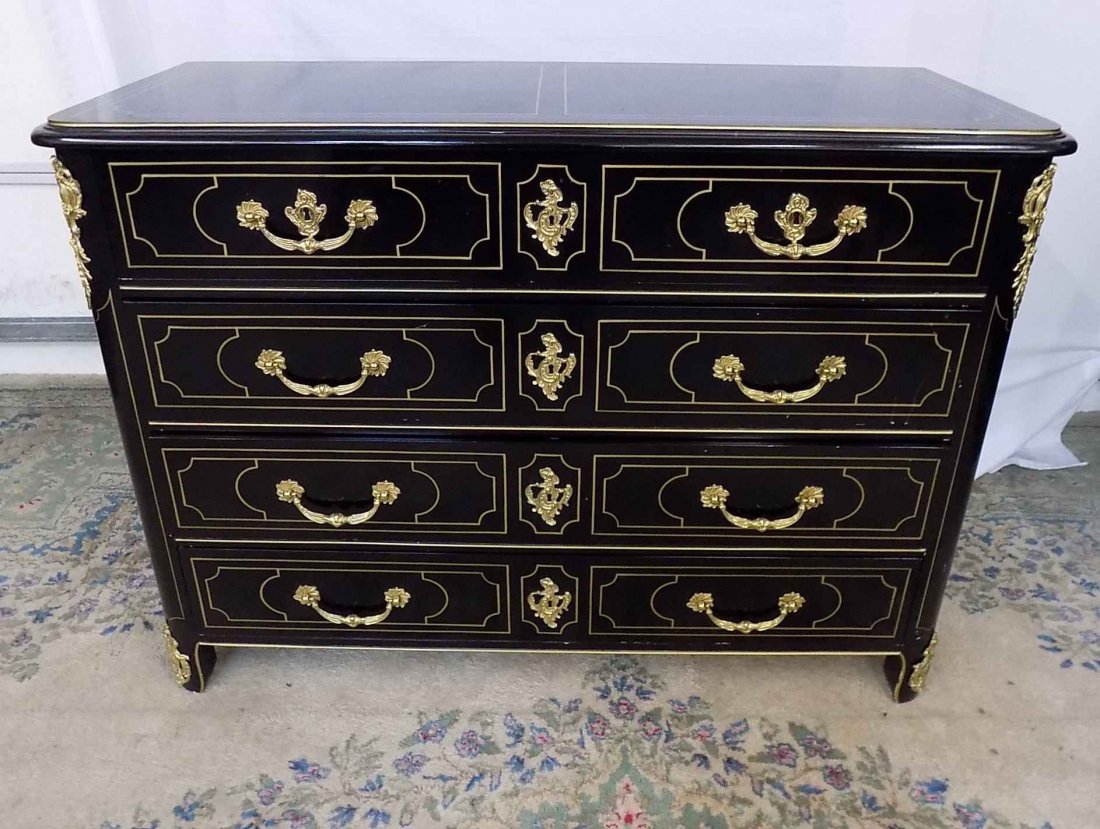 Baker Furniture Stylized Black Dresser Brass Pulls: Lovely Baker Furniture Stylized Black Dresser Brass Pulls and brass cornice plates. Dresser stands 48" wide, 35" tall and 19" deep. Lovely piece with a few minor finish imperfections.