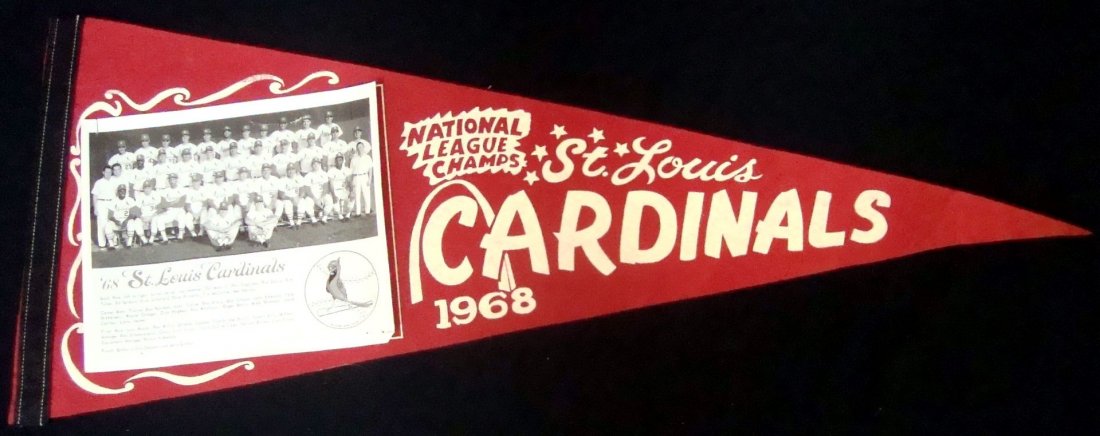 1968 St. Louis Cardinals NL Champs Full Size Photo: 1968 St. Louis Cardinals NL Champs Full Size Photo Pennant; overall VG condition; red felt full size pennant with black piping, no tassels; no pin holes or major issues; features a black and white rea