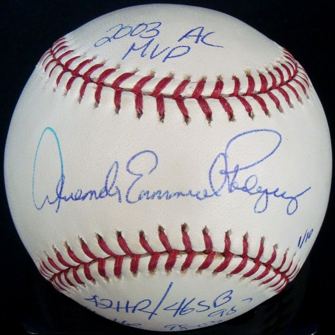 Rare Alex Rodriguez Full Name Single Signed Stat Ball,: Alex Rodriguez Full Name Single Signed Stat Ball; rare limited edition of 10 issued #1 in the series; Official MLB Bud Selig ball signed on the sweet spot by A-rod in blue ballpoint pen signed "Alexan
