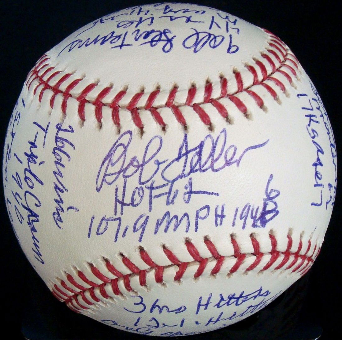 Rare Bob Feller Single Signed and Inscribed Stat: Rare Bob Feller Single Signed and Inscribed Stat Baseball; extremely rare Feller signed baseball with handwritten stats covering the entire ball; Official MLB Bud Selig ball housing (25+) stats from o