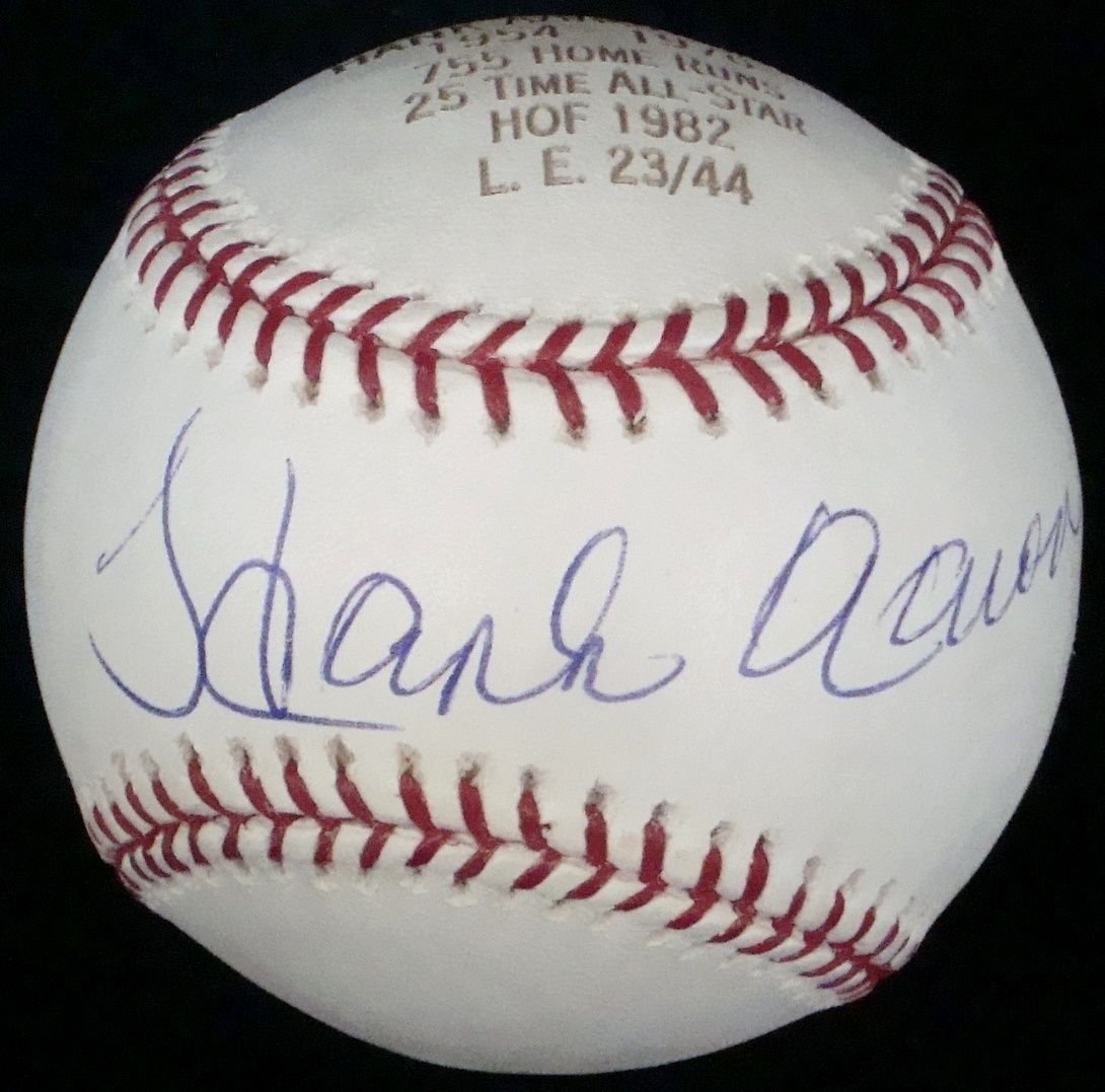 Hank Aaron Single Signed Limited Edition Career Stats: Hank Aaron Single Signed Career Stats Baseball; Official Bud Selig Limited Edition Major League Baseball signed on the sweet spot by Hank Aaron in blue ballpoint pen; nice large signature accompanied