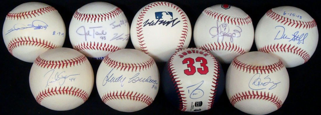 Lot of (9) Single Signed Cleveland Indians Baseballs,: Lot of (9) Single Signed Cleveland Indians Baseballs; nice lot of (9) single signed baseballs autographed by various Cleveland Indians; Official MLB Bud Selig ball signed by Michael Brantley on the he