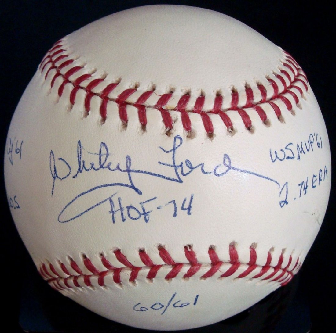 Whitey Ford Single Signed Stat Baseball: Whitey Ford Single Signed Stat Baseball; Official MLB Bud Selig baseball signed by Hall of Famer, Whitey Ford; signed on the sweet spot in blue ballpoint pen with stat inscriptions; inscribed with "HO