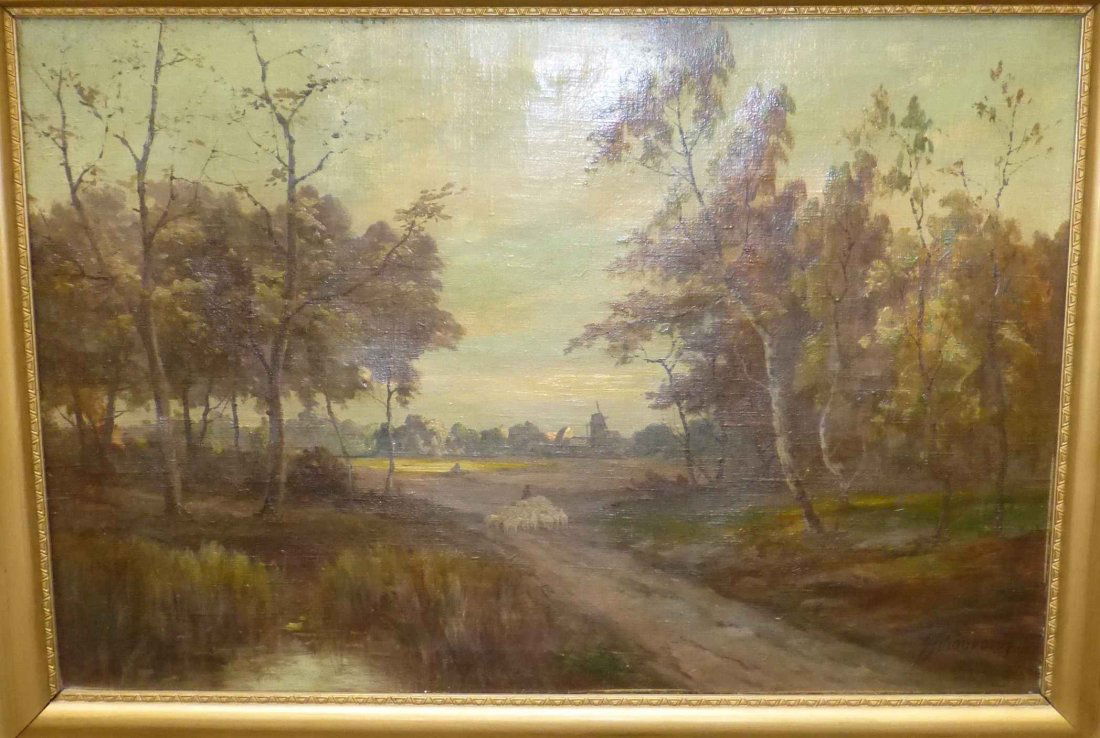 Oil on Canvas Sheep on Path w Windmill attr. John (1 of 5)