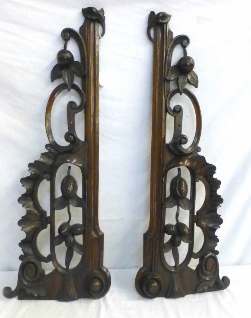 32" Carved Wood Mantle Accent Side Pieces: Bottom are 12" across, overall height is approx. 32", Believed to be carved walnut, with Nut motif centers