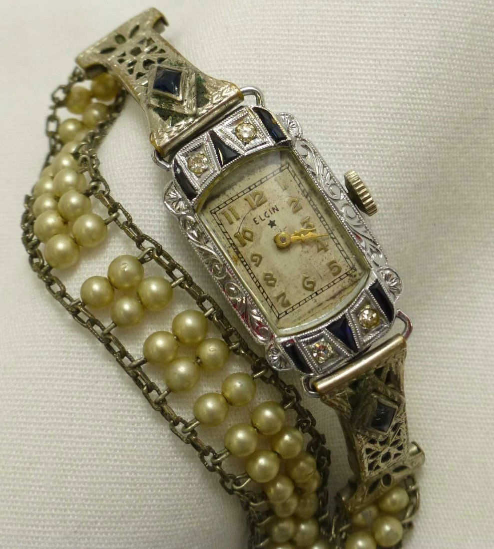 Lady Elgin Art Deco Diamond & Sapphire Watch Pearl Band (1 of 4)