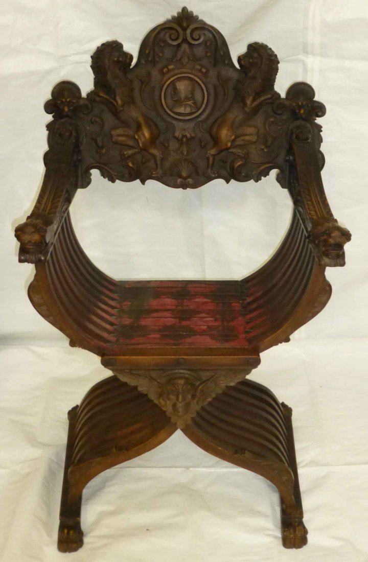Early 19th c. Savonarola Chair w Rampant Lions (1 of 6)