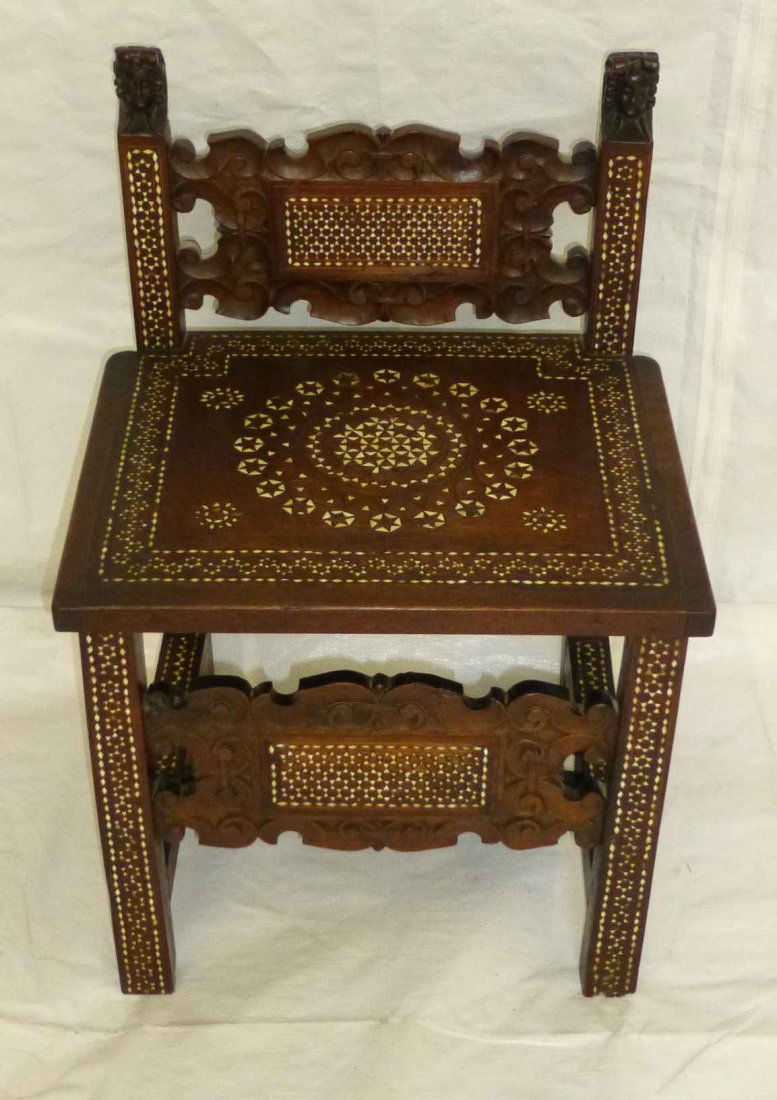 Carved Moorish Style Inlaid Side Bench Chair (1 of 2)