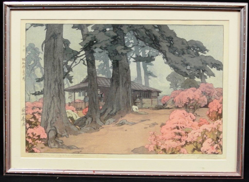 Hiroshi Yoshida Japanese (1876-1950) Authentic: Wonderful woodblock, 9-5/8"x14.7/8", matted and framed. Hand titled "Tea House in Azalea Garden" and hand signed by the artist. Excellent color and condition. Self printed by the artist with jizuri se
