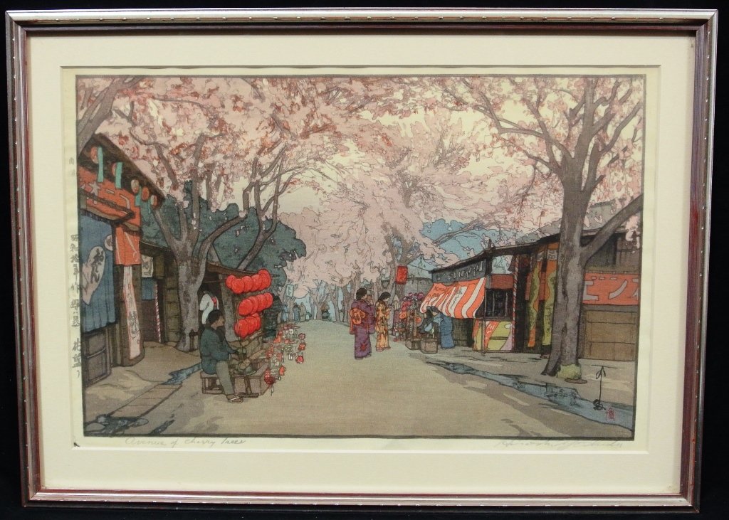 Hiroshi Yoshida Japanese (1876-1950) Authentic: Wonderful woodblock, 9-3/8" x 14.5/8", matted and framed. Hand titled "Avenue of Cherry Trees" and hand signed by the artist. Excellent color and condition. Self printed by the artist with jizuri seal