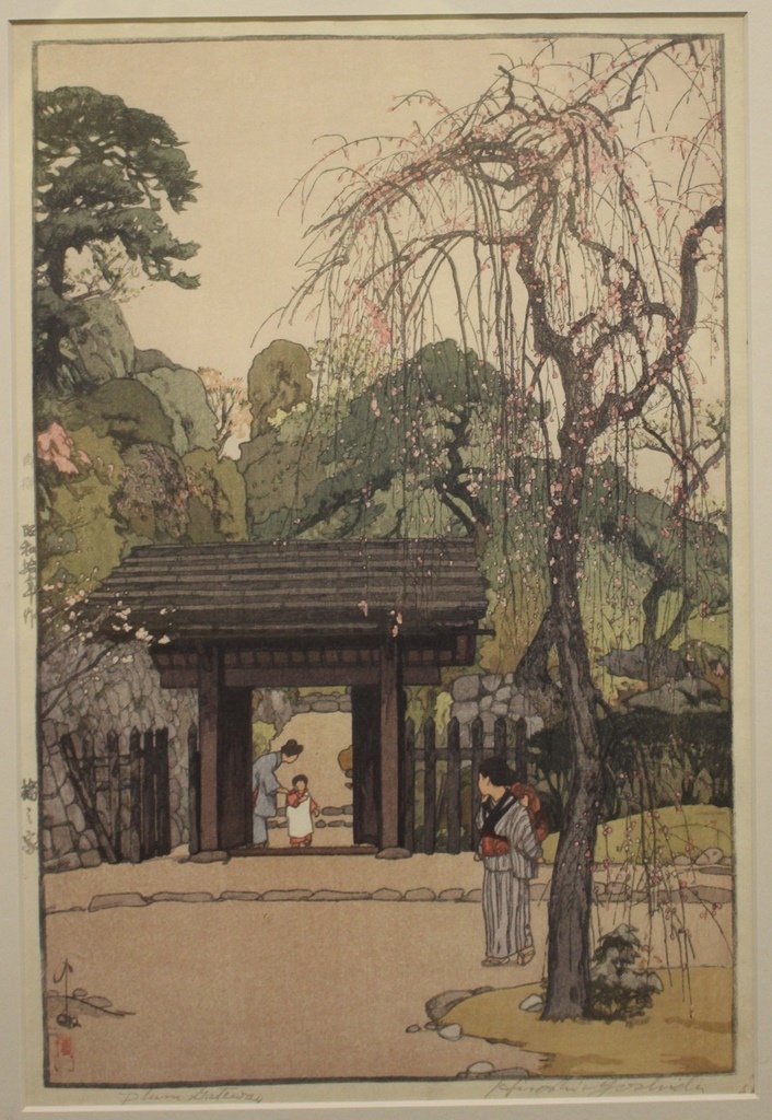 Hiroshi Yoshida Japanese (1876-1950) Authentic: Wonderful woodblock, 9-5/8"x14.7/8", matted and framed. Hand titled "Plum Gateway" and hand signed by the artist. Excellent color and condition. Self printed by the artist with jizuri seal at upper le