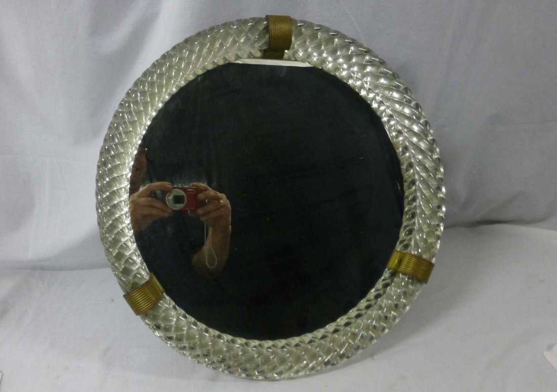 VENINI SCARPA Circular Clear Rope-Turned Vanity Mirror: Unmarked 17" Diameter, attributed to Carlos Scarpa for Venini. Felt back and frame stand