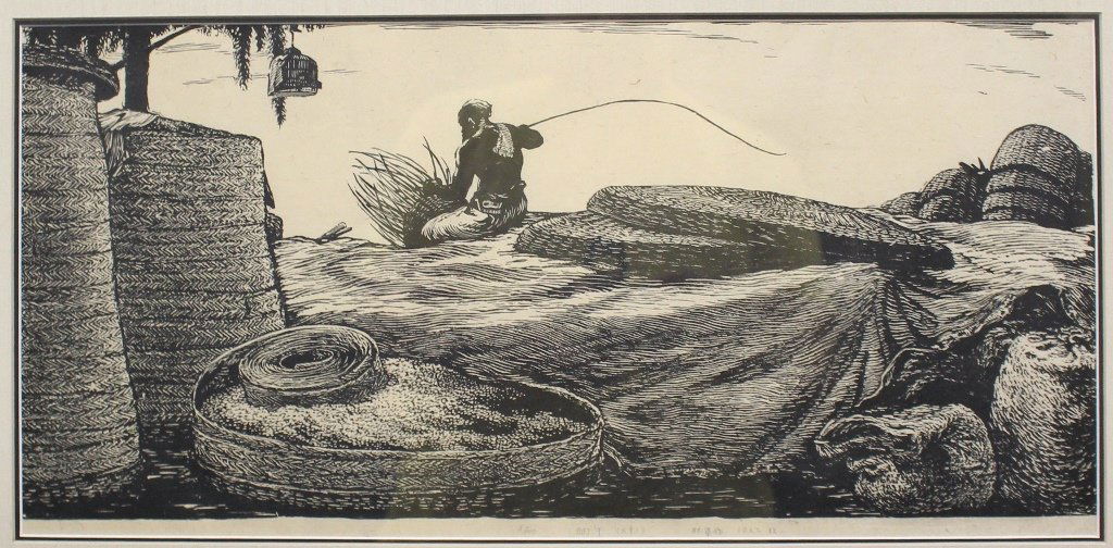 Large Japanese S/N Woodcut of Man Weaving Basket (1 of 3)