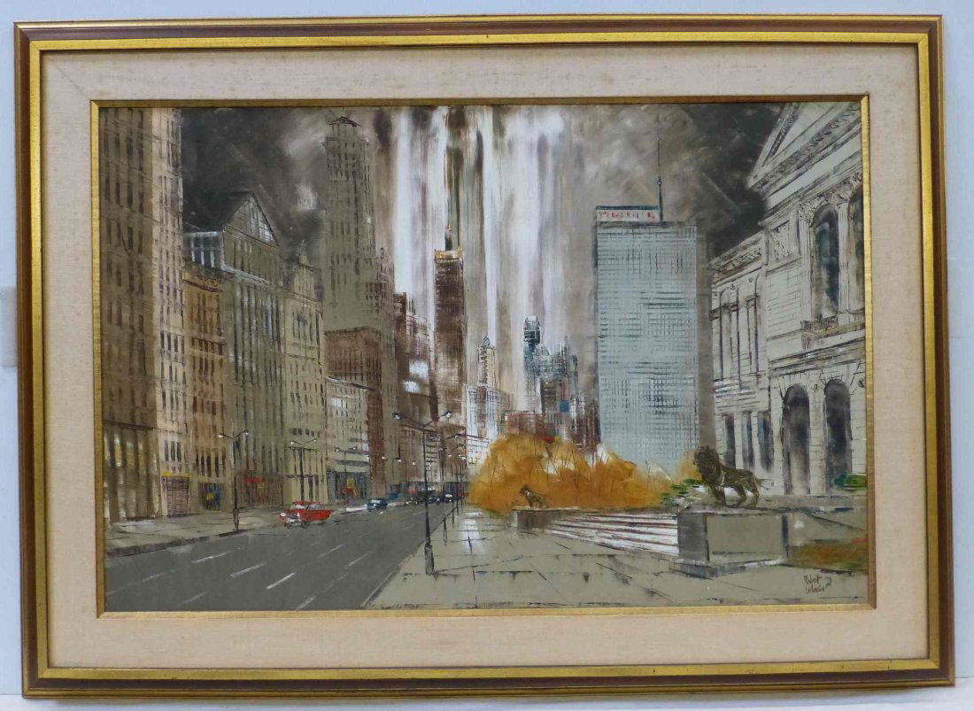 Robert Lebron Oil On Canvas Chicago Streetscape Art: Robert Lebron Oil On Canvas Chicago Streetscape Art Institute Down Michigan Avenue, Frame Size is 44 1/4" x 32 1/4", canvas is 36" x 24"