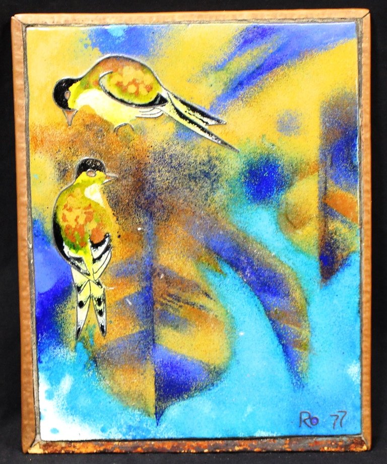 Elisabeth Rothe Enamel on Copper Birds: Ornate, well done enamel on copper, 9.5x12". Painted by Elisebeth Rothe, German. No condition problems to report. Suggested bid $100