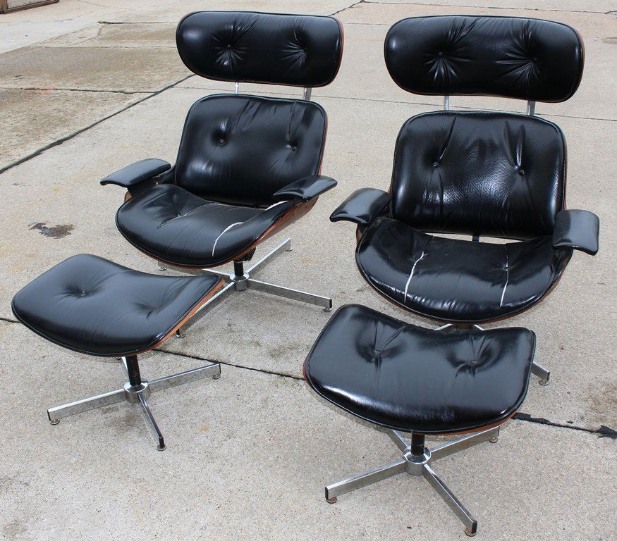 Style of Charles & Ray Eames - Pair of Selig Chairs &: Pair of Charles & Ray Eames inspired Selig chairs with ottomons. Lounge chair and ottoman, USA, 1970s; Vinyl, chromed and enameled steel, walnut; 39" x 33" x 34", ottoman: 16 1/2" x 31" x 17 1/2". Chi