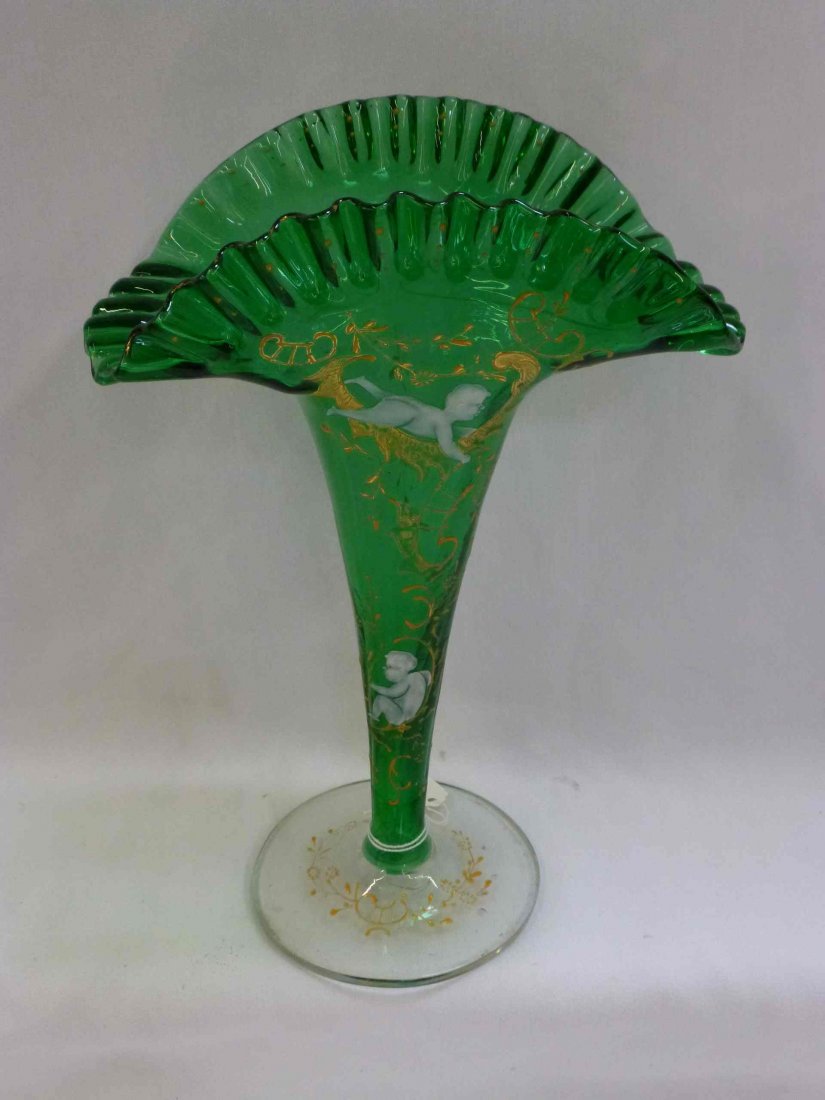 Art Glass Fan vase Enamel Painted Mary Gregory Style (1 of 4)