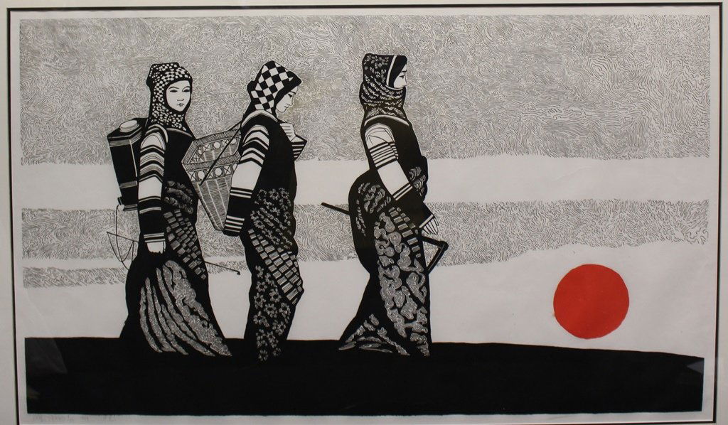 Japanese Print of Three Women Walking Towards Rising (1 of 3)