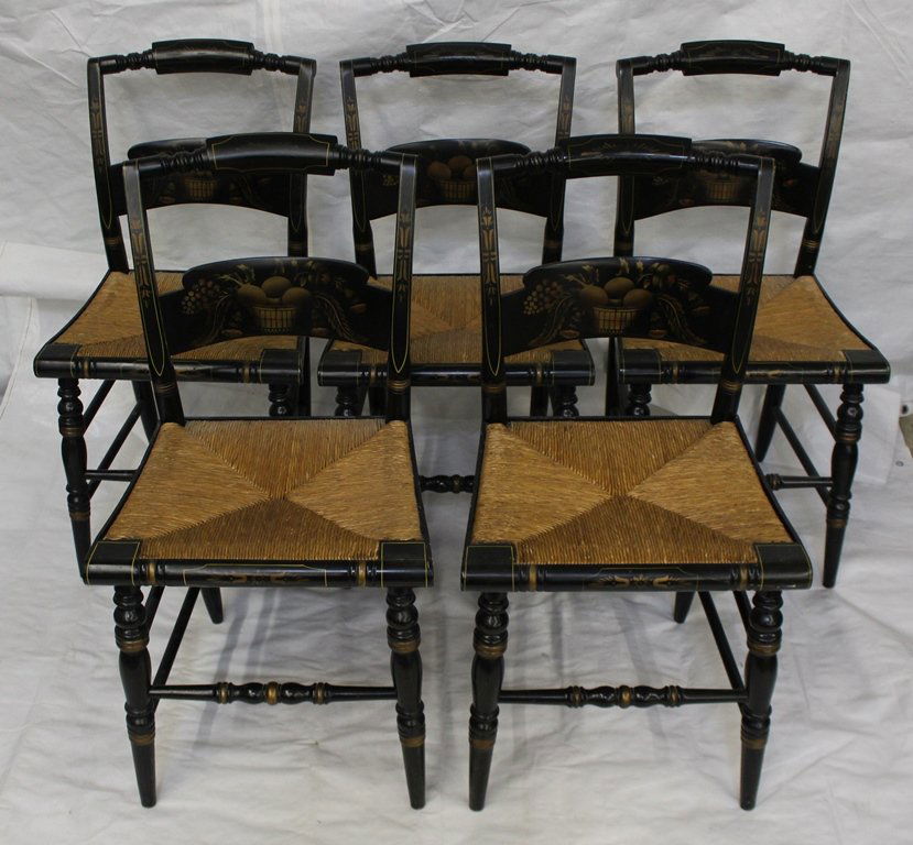 (5)Vintage Hitchcock Black Laquer Stenciled Chairs: Five rush bottom black laquered vintage Hitchcock chairs. All side chairs. Stenciled on back of seat. Rush bottoms and stretchers are all in excellent condition. Harvest bowl stenciled on back of chai