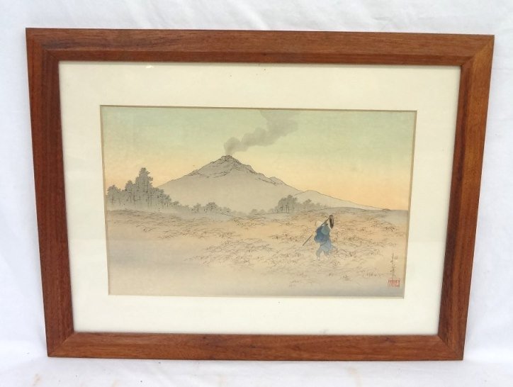 Original 1950's Japanese Woodblock Landscape Print by: Original 1950's Japanese Woodblock Landscape Print by Shoda Koho: Matted and framed original Japanese Woodblock print. Measures 20 1/2 x 14 1/2. On the back sticker Made in Japan, and a description of