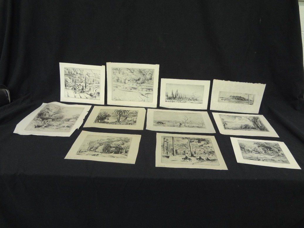 (11) Etchings by unknown French Artist. Signed, (1 of 10)