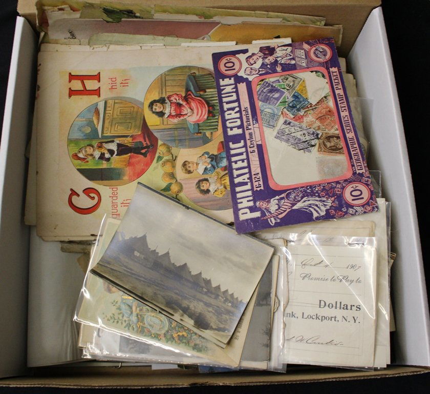 Paper Ephemera Lot: Interesting looking box of misc paper ephemera with some photos, old checks, advertising, post cards , trade cards, small cabinet photos of children, etc. Fun lot, take a look. Suggested bid $75