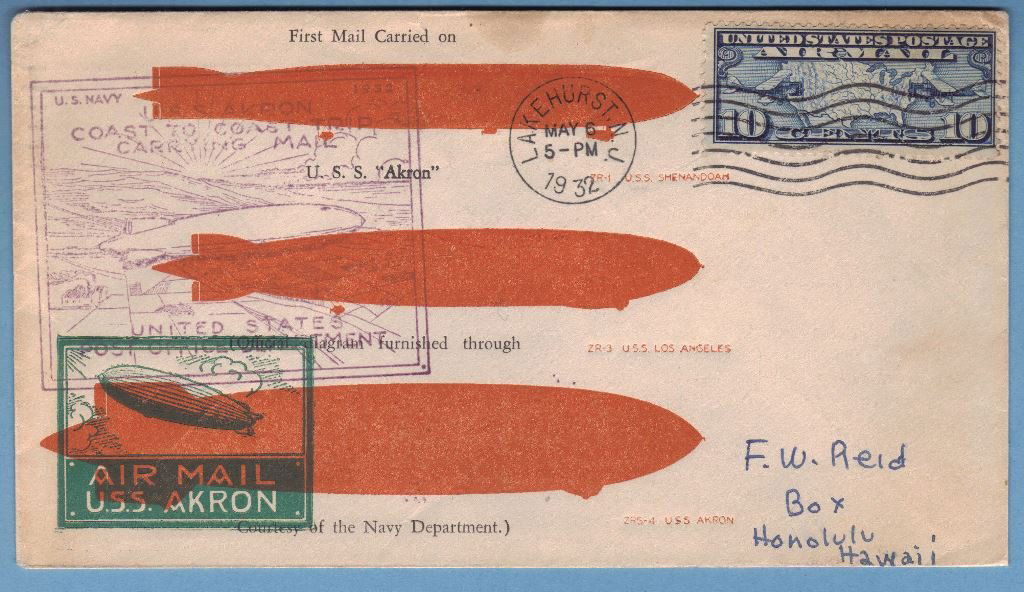 Rare 1932 U.S.S. Akron Coast to Coast Flight Cover: U.S.S. Akron flight cover on rarely seen Roesslet printed cover, franked with Scott C7 from Lakehurst to San Diego. Cover bears a 5/6/1932 Lakehurst CDS with a May 11 San Diego receiver on back. Three