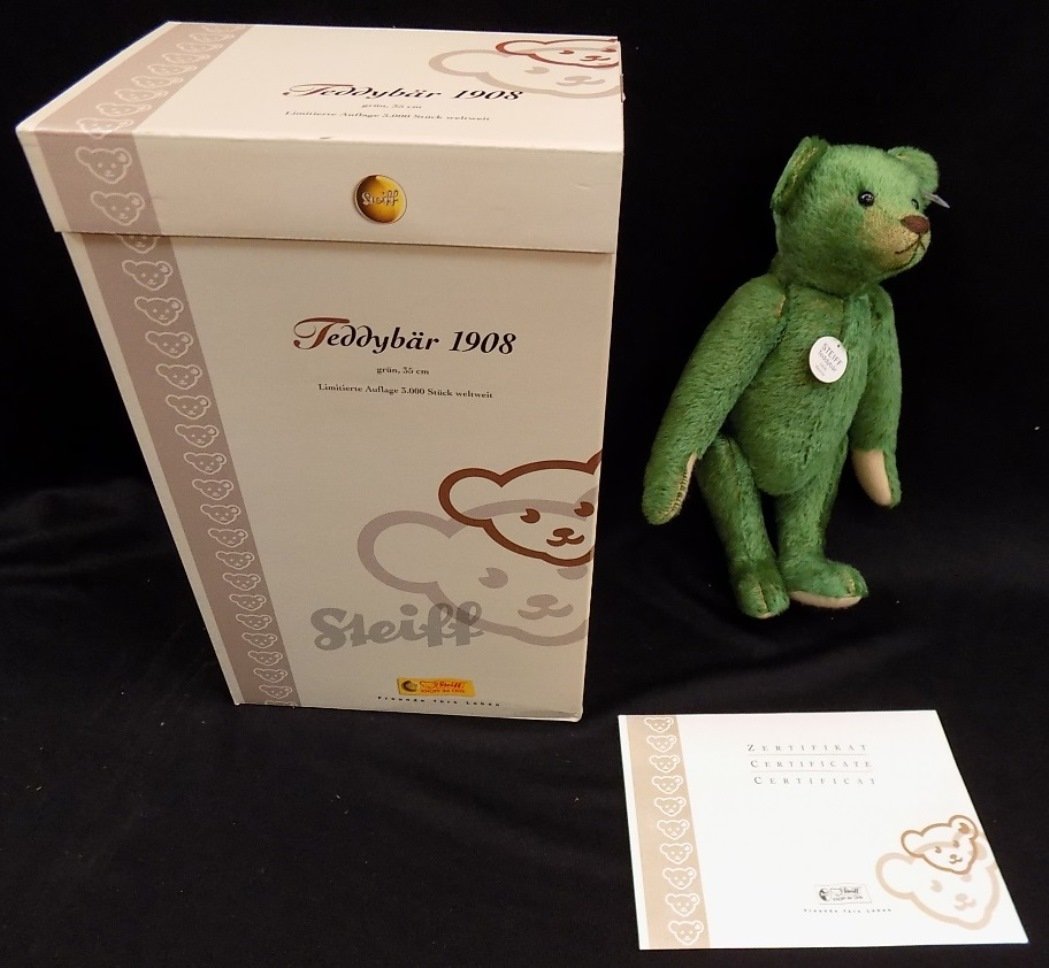 Steiff Teddy Bear TeddybÃ¤r 1908 Replica Green: Steiff Teddy Bear TeddybÃ¤r 1908 Replica Green "Growler" w/Original Box & Certificate