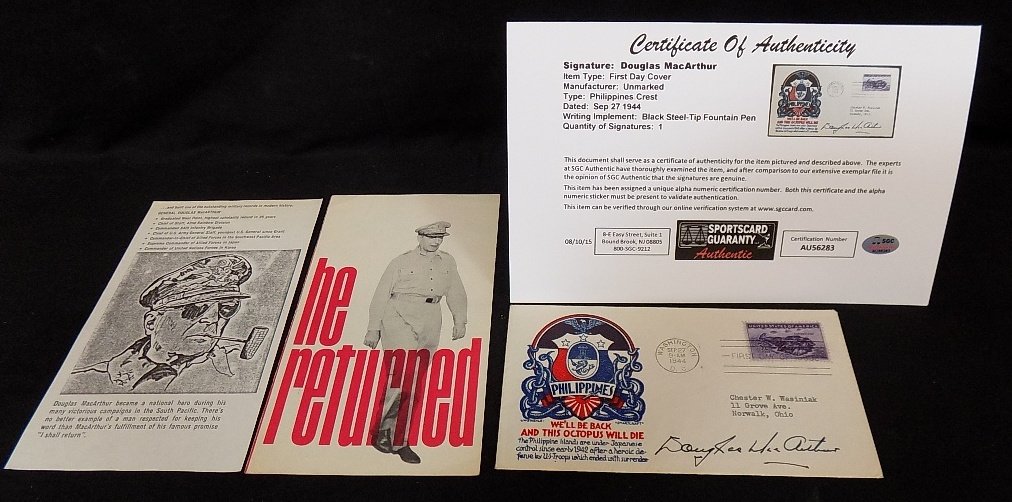 General Douglas MacArthur signed Philippines First Day: General Douglas MacArthur signed Philippines First Day Cover dated 9/27/1944, Autograph has SGC Full Letter of Certification AU56283