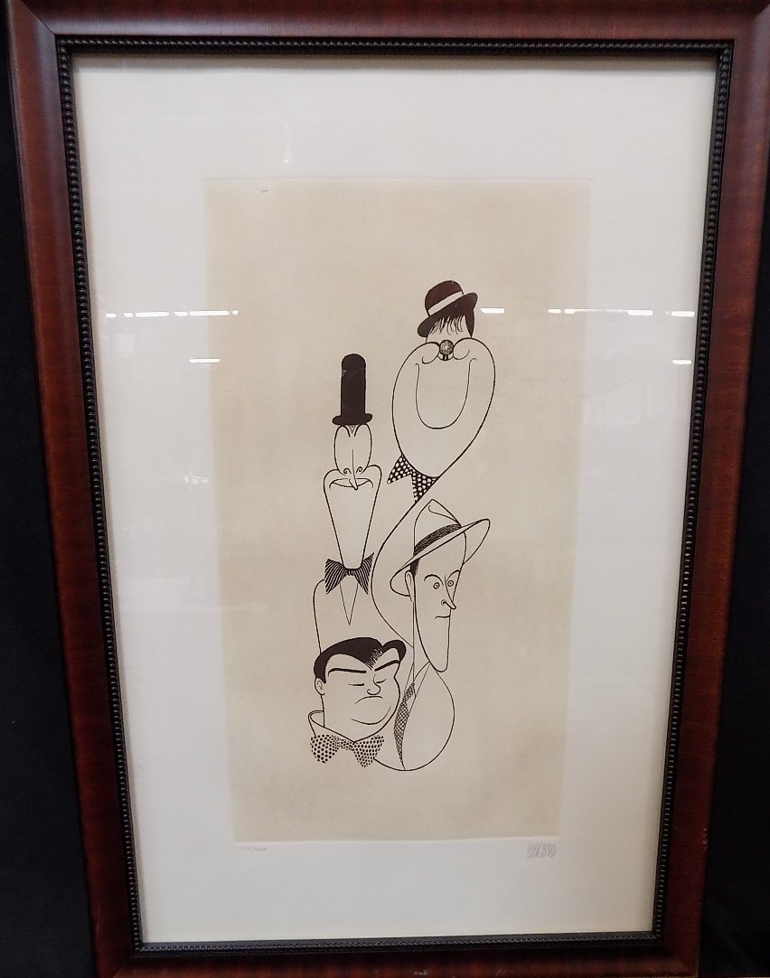 Al Hirschfeld Signed Print 197/200 Classic Comedians,: Al Hirschfeld Signed Print 197/200 Classic Comedians, Featuring Bud Abbott, Lou Costello, Stan Laurel, and Oliver Hardy Framed dimensions are 18 1/2" x 27 1/2"