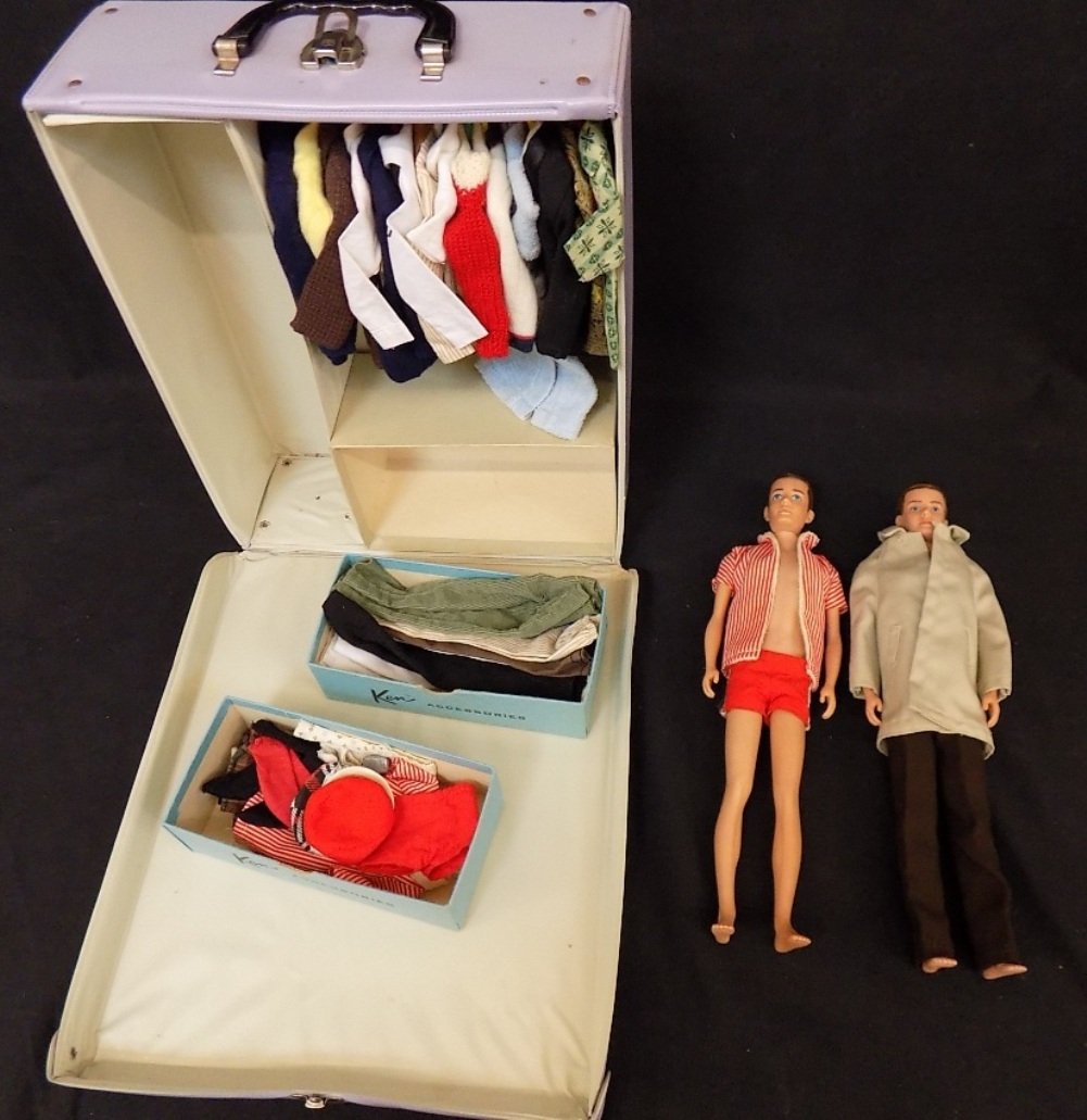 1962 Ken Case with 2 Vintage Ken Barbie Dolls 1 w/Felt: 1962 Ken Case with 2 Vintage Ken Barbie Dolls 1 w/Felt Hair + Multiple Wardrobes ALL ORIGINAL
