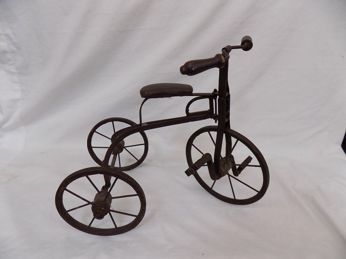 Vintage Tricycle Wood, Metal & LEather Doll/Bear/Plant: Vintage Tricycle Wood, Metal & LEather Doll/Bear/Plant Prop Decor Primitive. Wood Handles, Leather seat 15" high x 19" long
