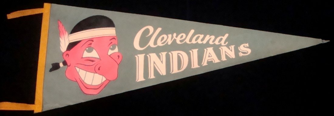 1950's Cleveland Indians Full Size Green Big Nose: 1950's Cleveland Indians Full Size Green Big Nose Pennant; nice full size Cleveland Indians "Nig Nose" pennant in green; slightly faded, but overall condition is very good; pinholes at the corners and